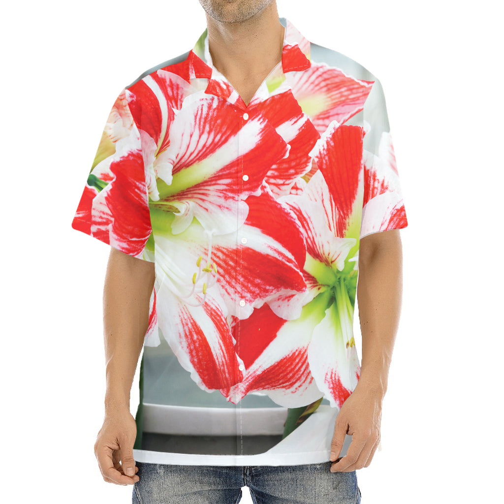 Red And White Amaryllis Print Aloha Shirt