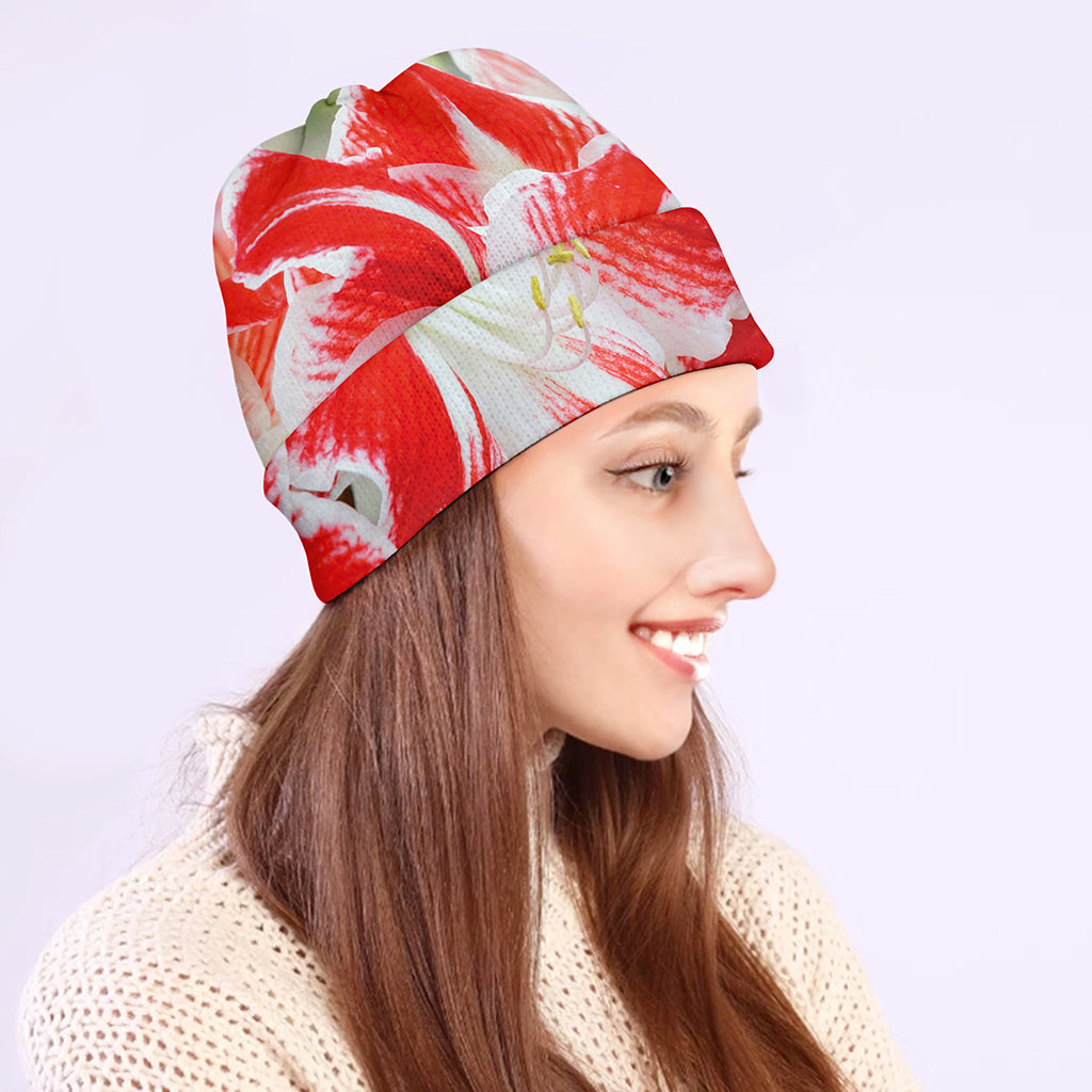 Red And White Amaryllis Print Beanie