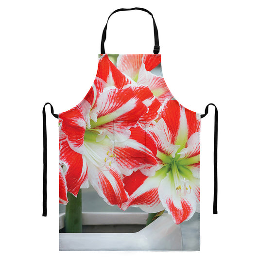 Red And White Amaryllis Print Bib Apron With Pocket
