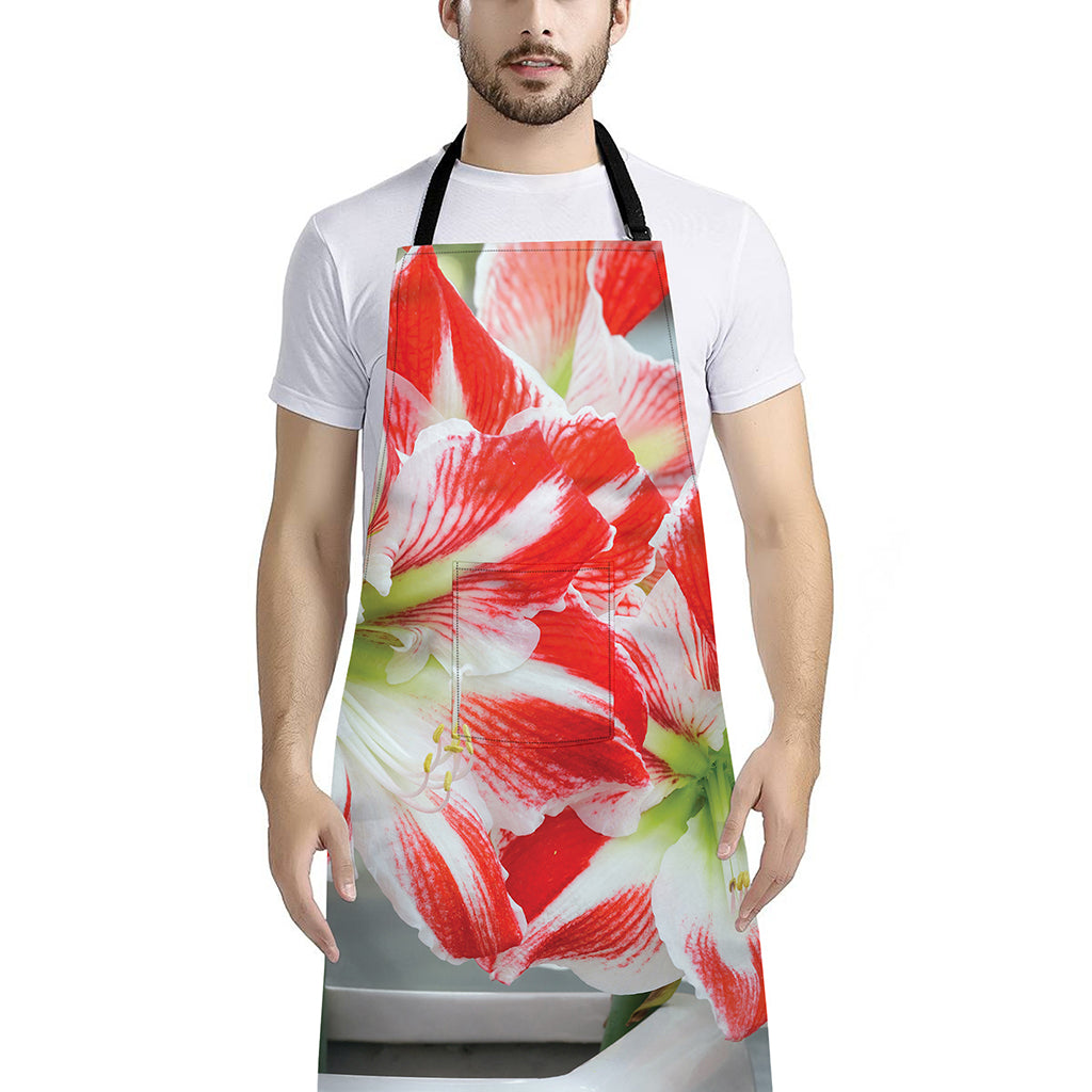 Red And White Amaryllis Print Bib Apron With Pocket
