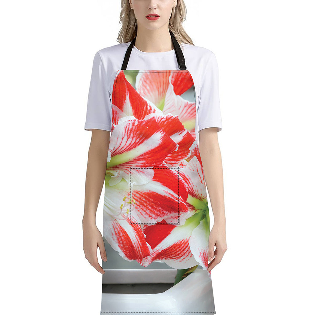 Red And White Amaryllis Print Bib Apron With Pocket