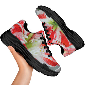 Red And White Amaryllis Print Black Chunky Shoes