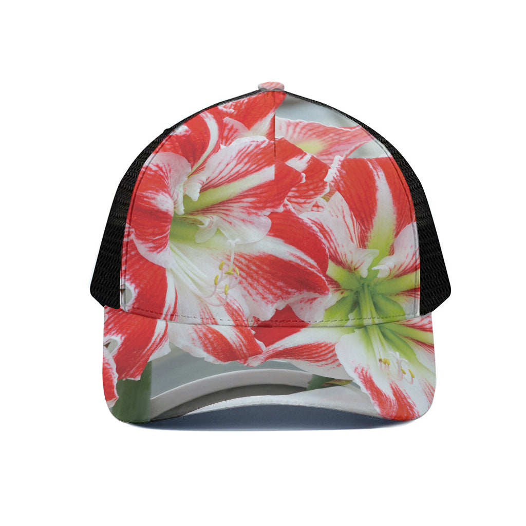 Red And White Amaryllis Print Black Mesh Trucker Cap