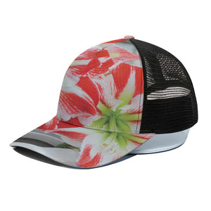 Red And White Amaryllis Print Black Mesh Trucker Cap