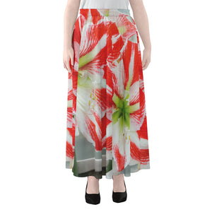 Red And White Amaryllis Print Chiffon Maxi Skirt