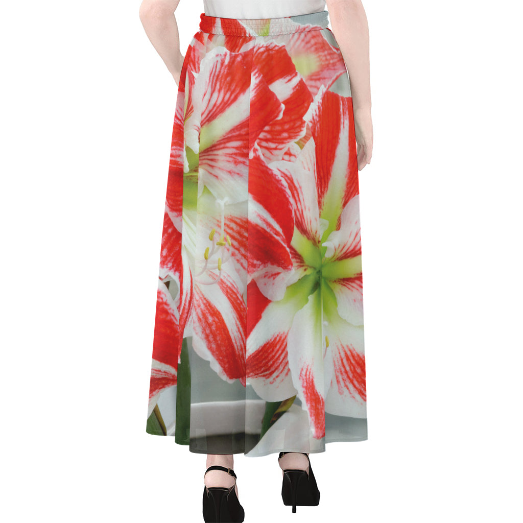 Red And White Amaryllis Print Chiffon Maxi Skirt