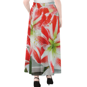 Red And White Amaryllis Print Chiffon Maxi Skirt