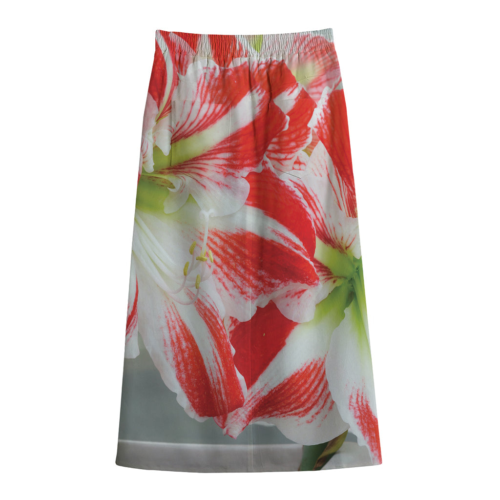 Red And White Amaryllis Print Cotton Front Slit Maxi Skirt