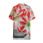 Red And White Amaryllis Print Cotton Hawaiian Shirt