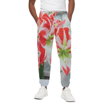 Red And White Amaryllis Print Cotton Pants