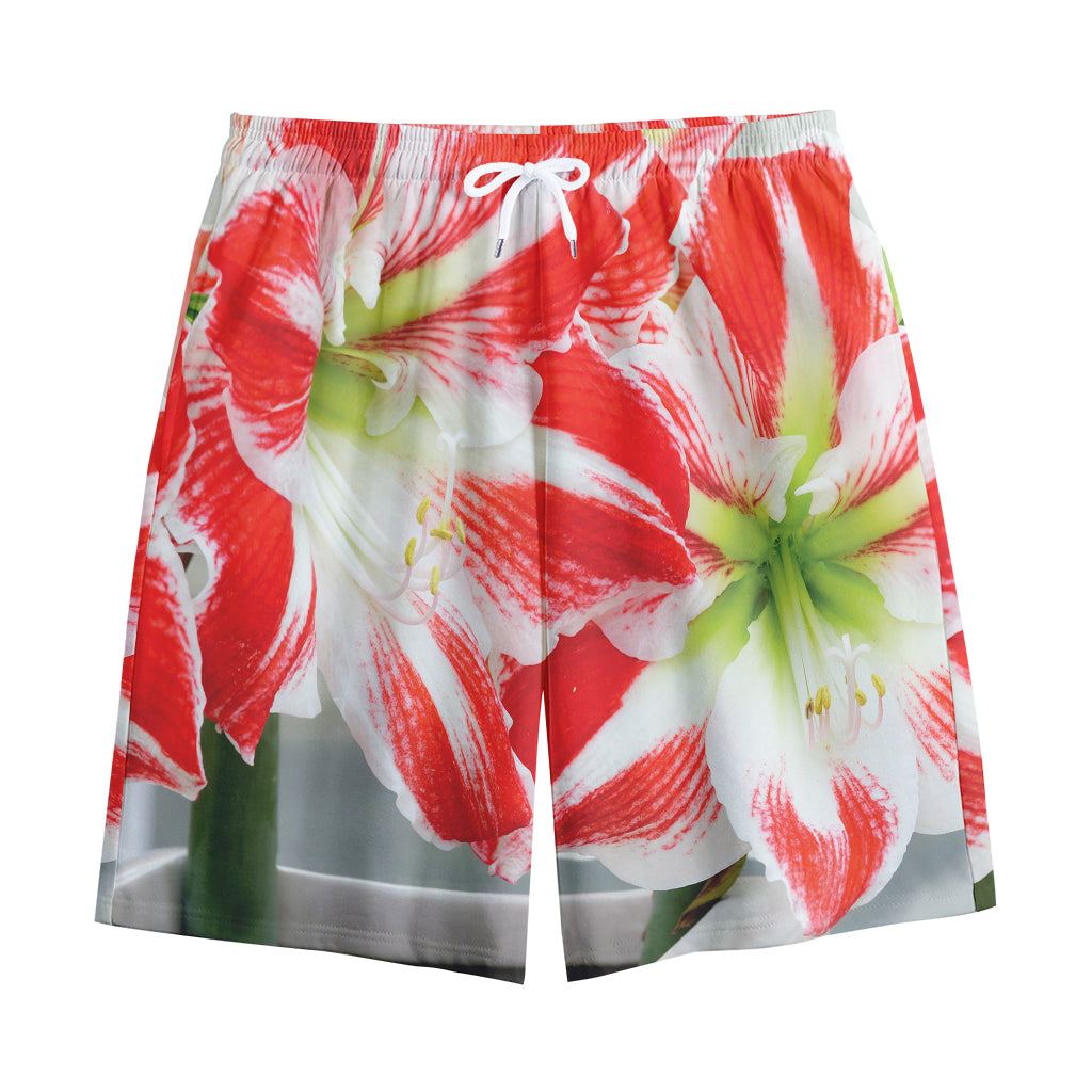 Red And White Amaryllis Print Cotton Shorts