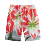 Red And White Amaryllis Print Cotton Shorts