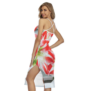 Red And White Amaryllis Print Cross Back Cami Dress