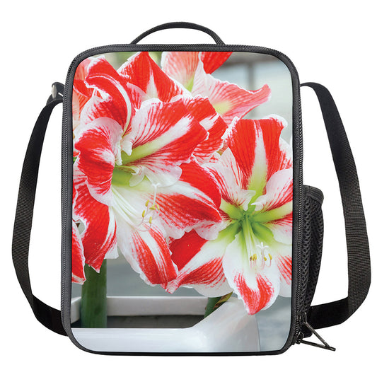 Red And White Amaryllis Print Crossbody Lunch Bag