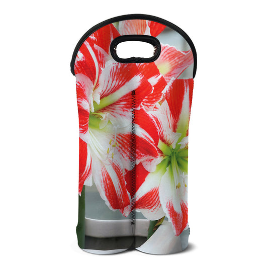 Red And White Amaryllis Print Double Neoprene Wine Tote