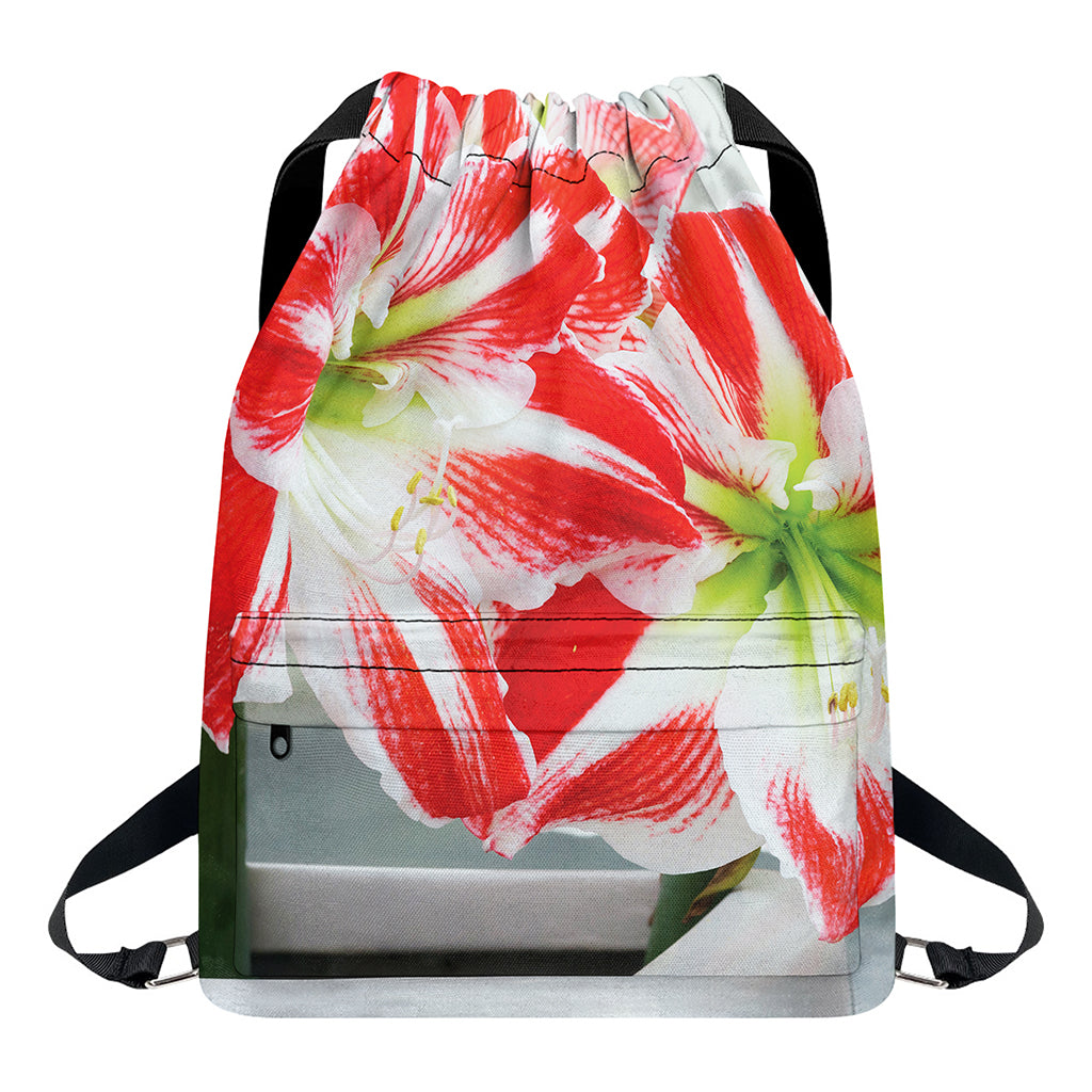 Red And White Amaryllis Print Drawstring Backpack