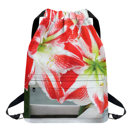 Red And White Amaryllis Print Drawstring Backpack
