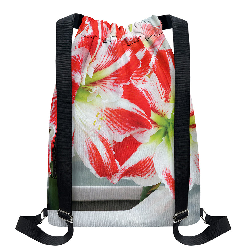 Red And White Amaryllis Print Drawstring Backpack