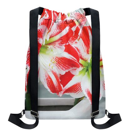 Red And White Amaryllis Print Drawstring Backpack