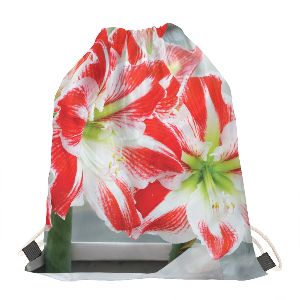 Red And White Amaryllis Print Drawstring Bag