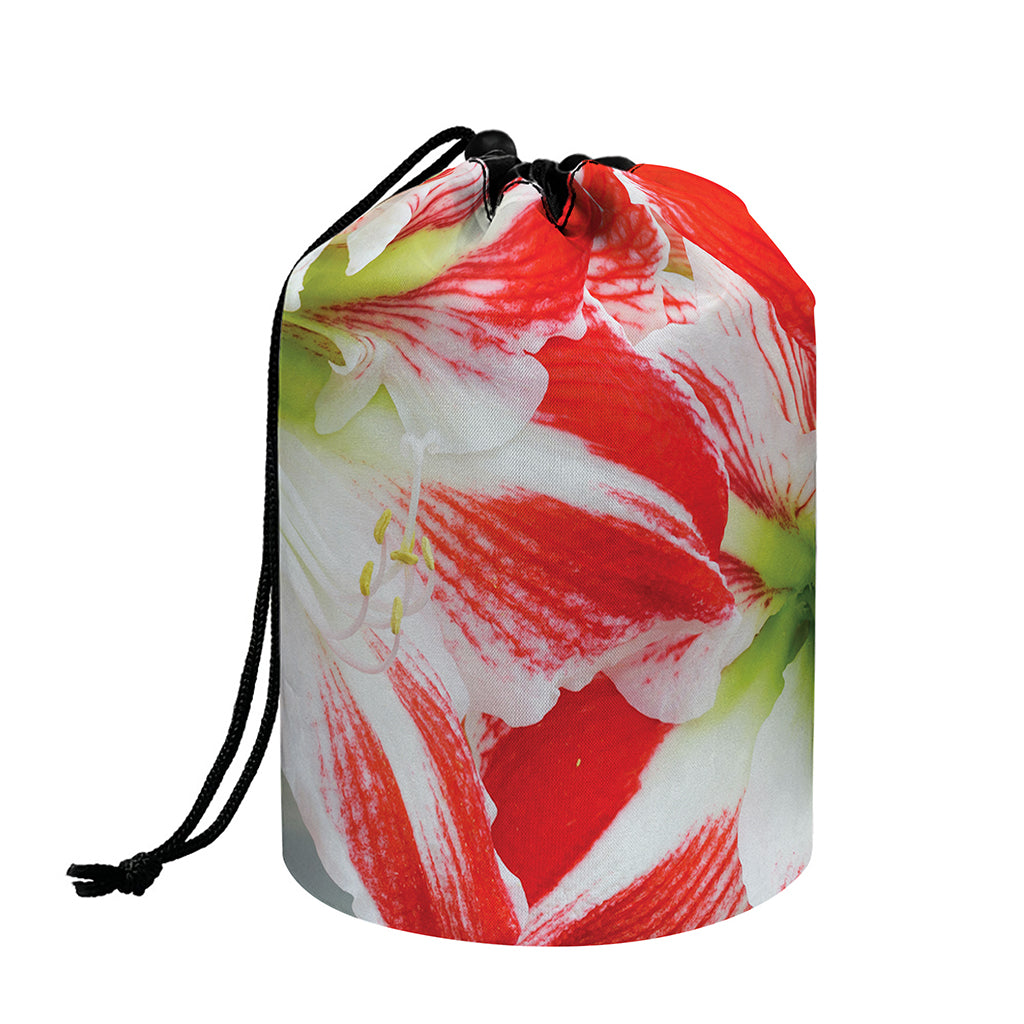 Red And White Amaryllis Print Drawstring Makeup Bag