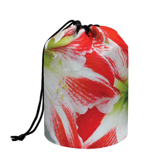 Red And White Amaryllis Print Drawstring Makeup Bag