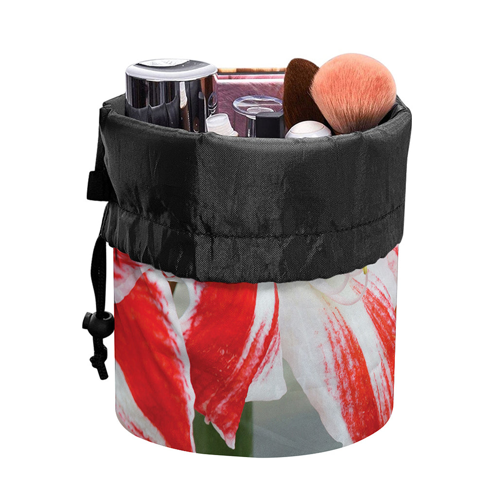 Red And White Amaryllis Print Drawstring Makeup Bag