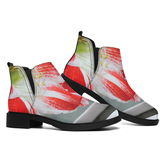 Red And White Amaryllis Print Flat Ankle Boots