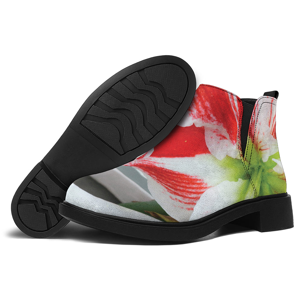 Red And White Amaryllis Print Flat Ankle Boots