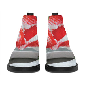 Red And White Amaryllis Print Flat Ankle Boots