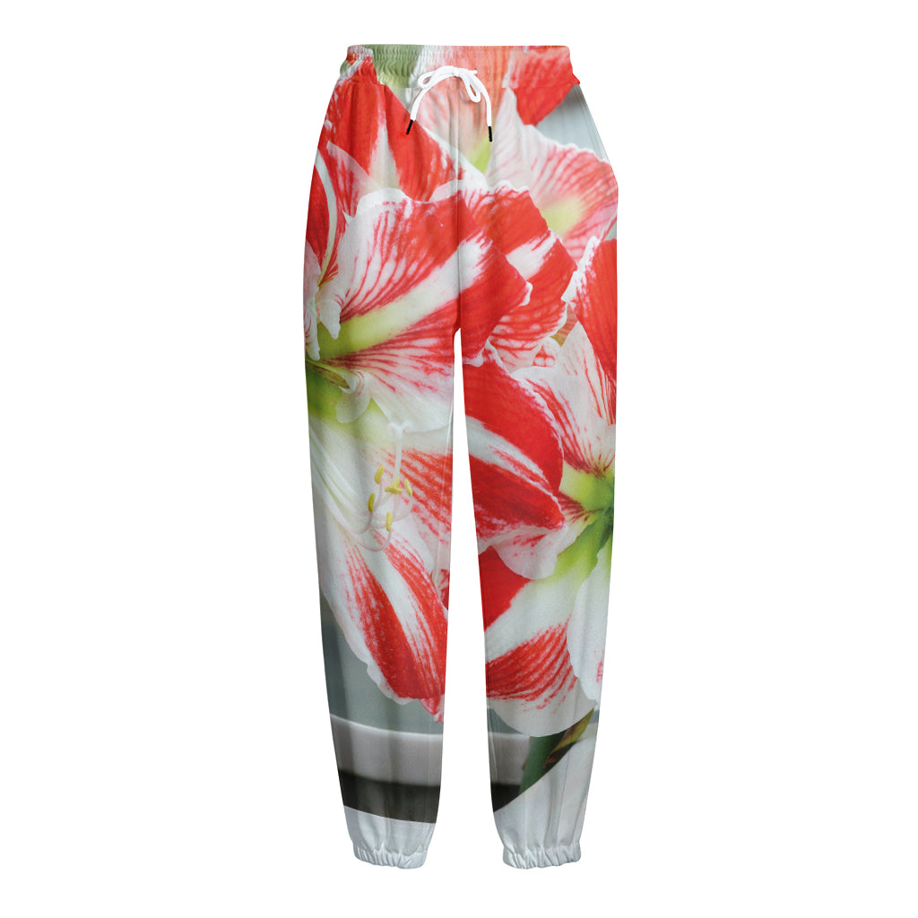 Red And White Amaryllis Print Fleece Lined Knit Pants