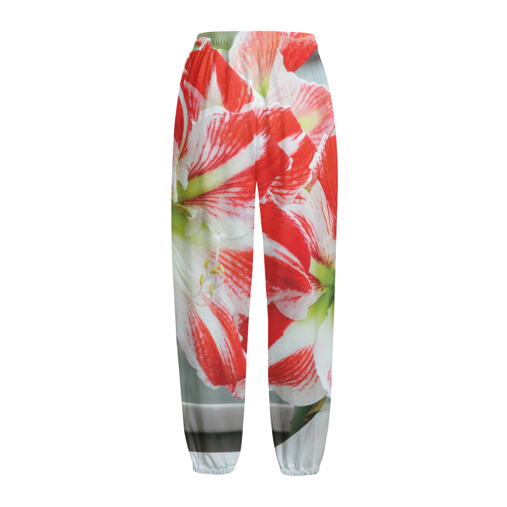 Red And White Amaryllis Print Fleece Lined Knit Pants