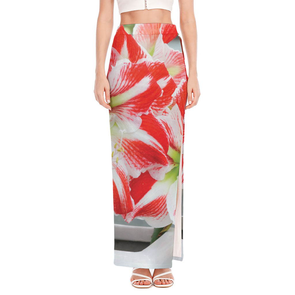 Red And White Amaryllis Print High Slit Maxi Skirt