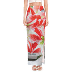 Red And White Amaryllis Print High Slit Maxi Skirt