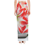 Red And White Amaryllis Print High Slit Maxi Skirt