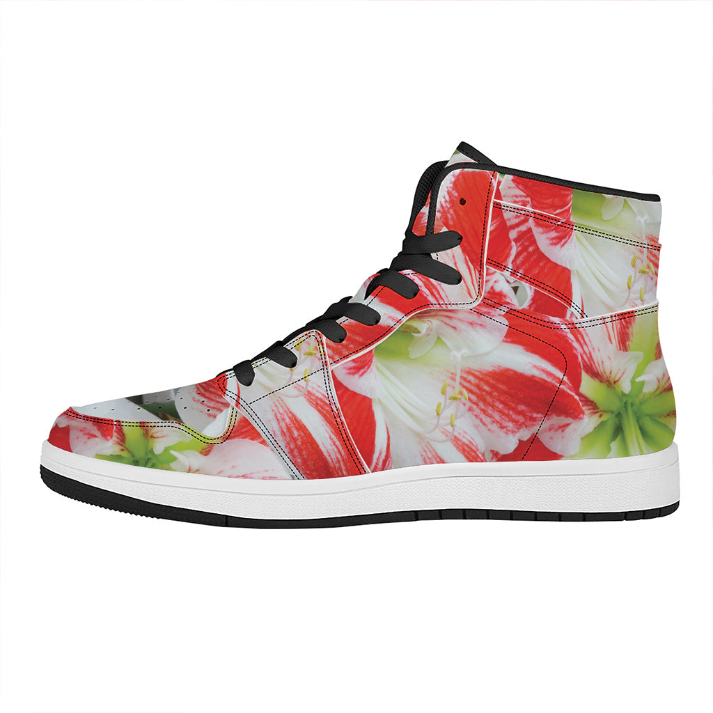 Red And White Amaryllis Print High Top Leather Sneakers