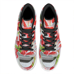 Red And White Amaryllis Print High Top Leather Sneakers