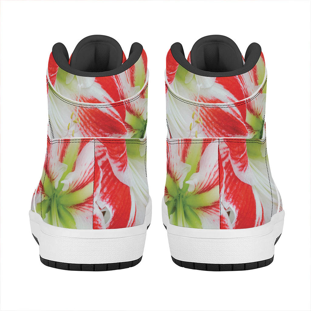 Red And White Amaryllis Print High Top Leather Sneakers