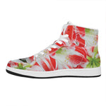 Red And White Amaryllis Print High Top Leather Sneakers