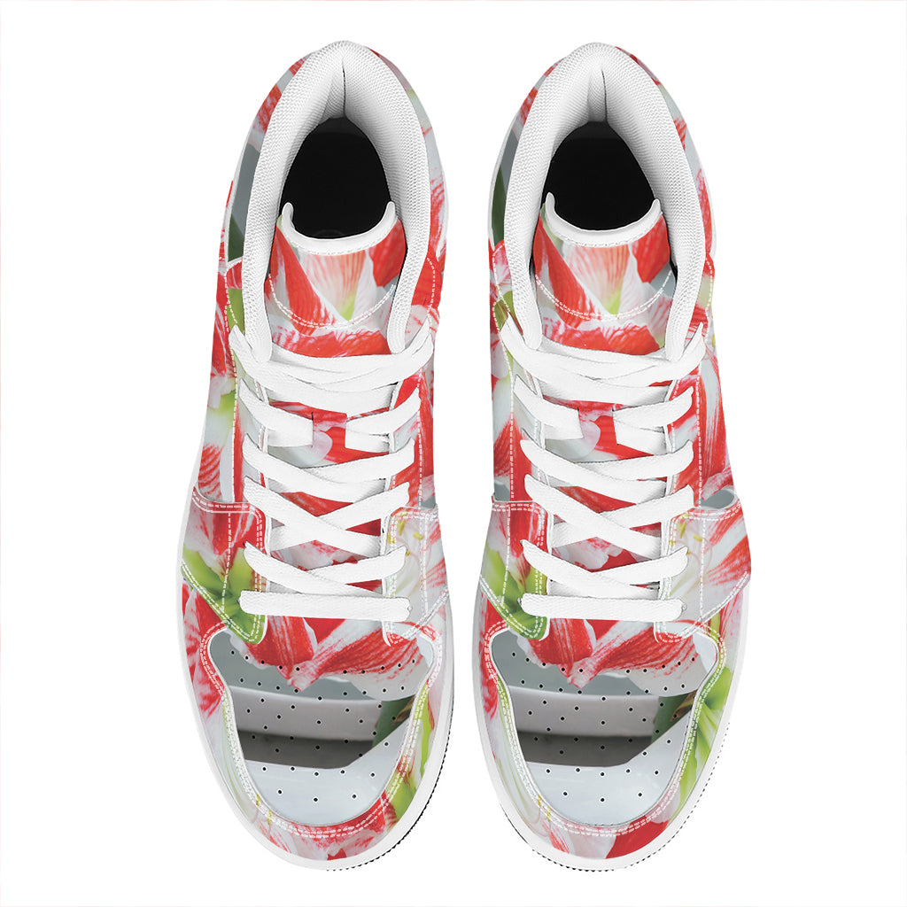 Red And White Amaryllis Print High Top Leather Sneakers