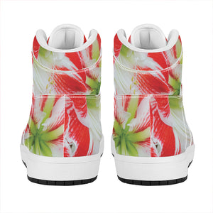 Red And White Amaryllis Print High Top Leather Sneakers