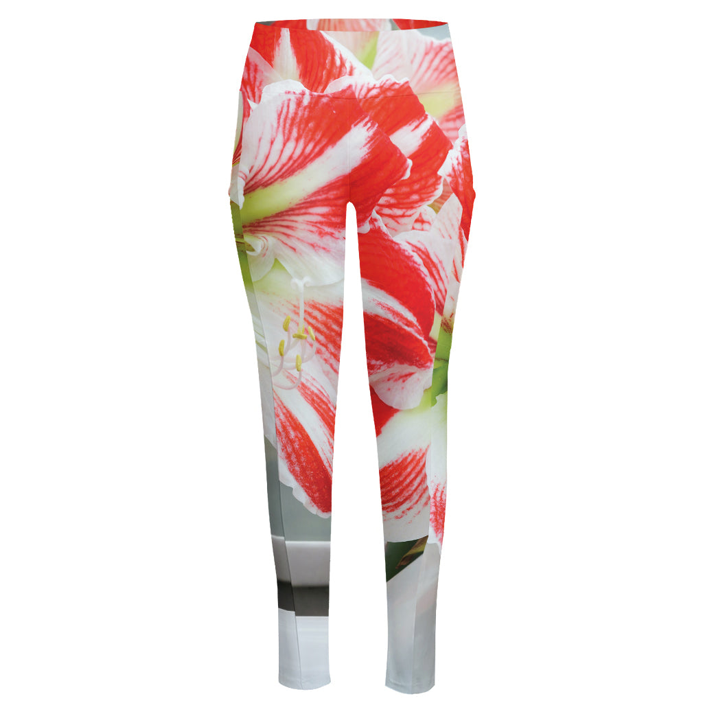 Red And White Amaryllis Print High-Waisted Pocket Leggings