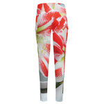 Red And White Amaryllis Print High-Waisted Pocket Leggings