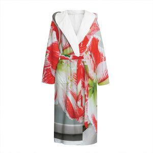 Red And White Amaryllis Print Hooded Bathrobe