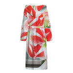 Red And White Amaryllis Print Hooded Bathrobe