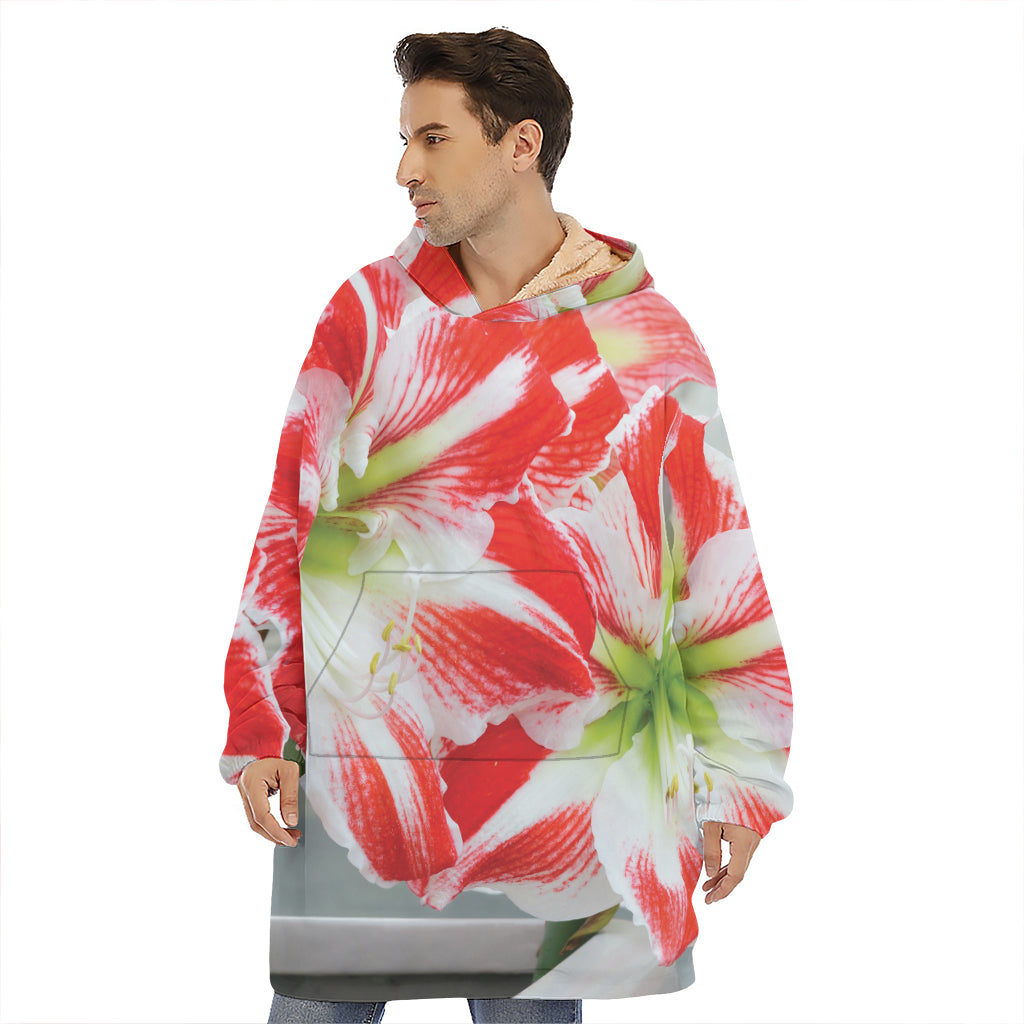 Red And White Amaryllis Print Hoodie Blanket