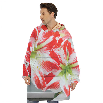 Red And White Amaryllis Print Hoodie Blanket