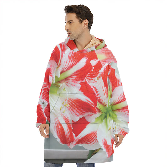 Red And White Amaryllis Print Hoodie Blanket