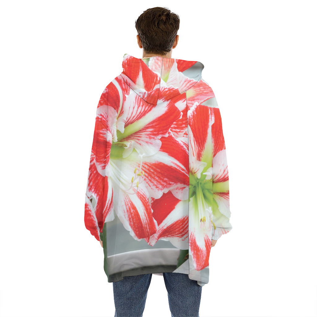Red And White Amaryllis Print Hoodie Blanket