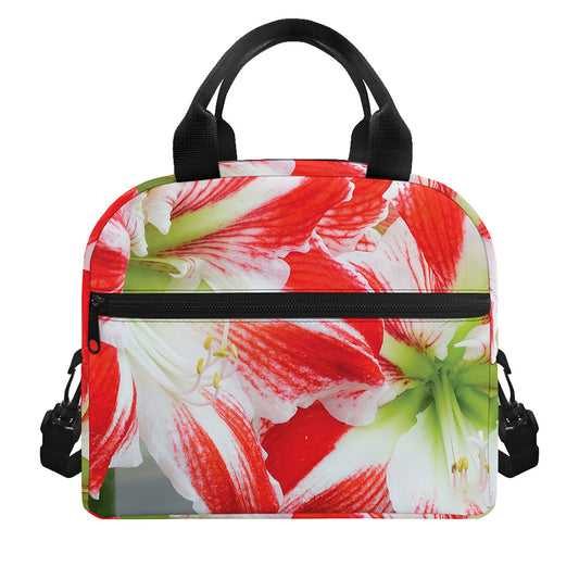 Red And White Amaryllis Print Insulated Lunch Bag